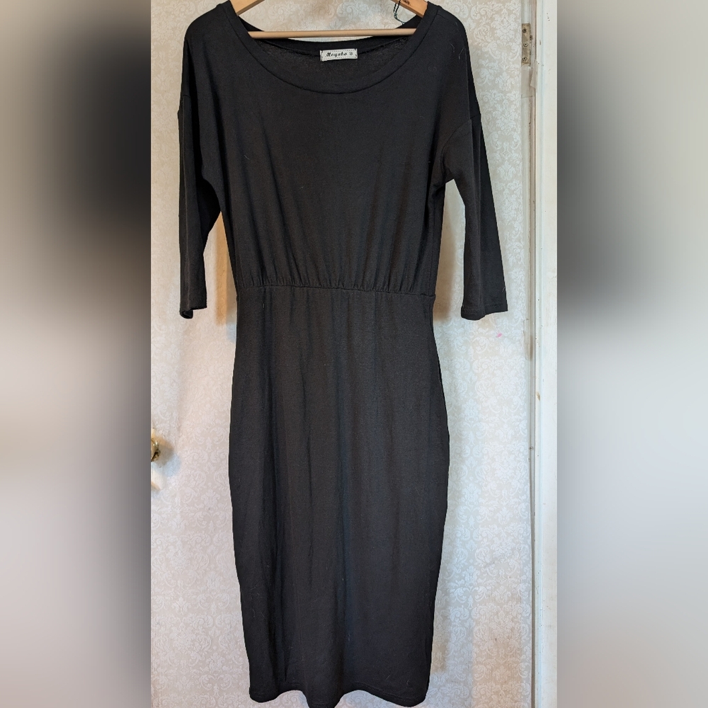 Moyabo Black Midi Dress sz.‎ Medium Pockets,3/4 Sleeve Pencil Skirt